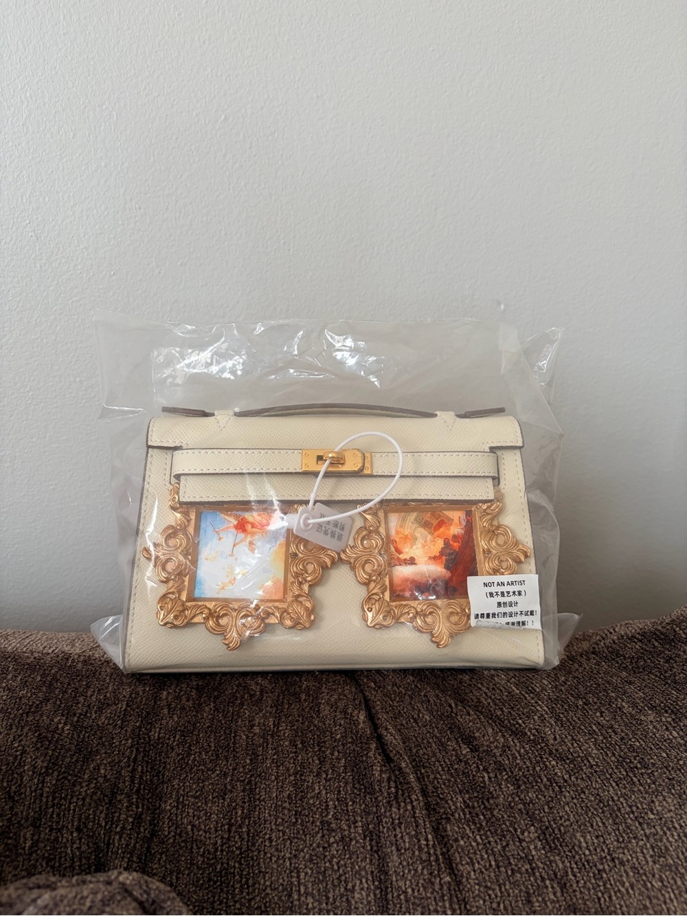 NWT Handmade White Cream Gold Frame Painting Appliqué Mini Kelly Top Handle Bag